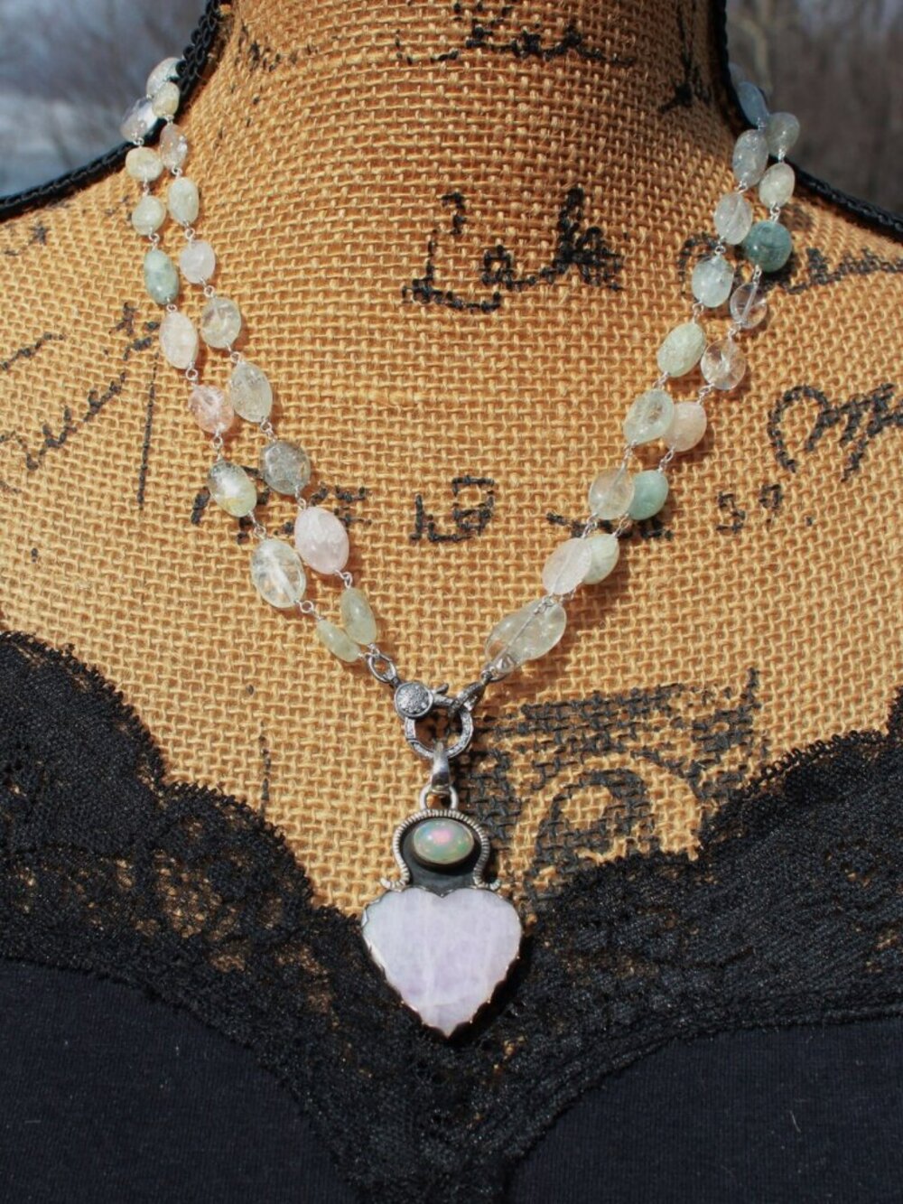 Harmony in Gems Aquamarine Kunzite & Opal Diamond Pave Necklace by Knottedup